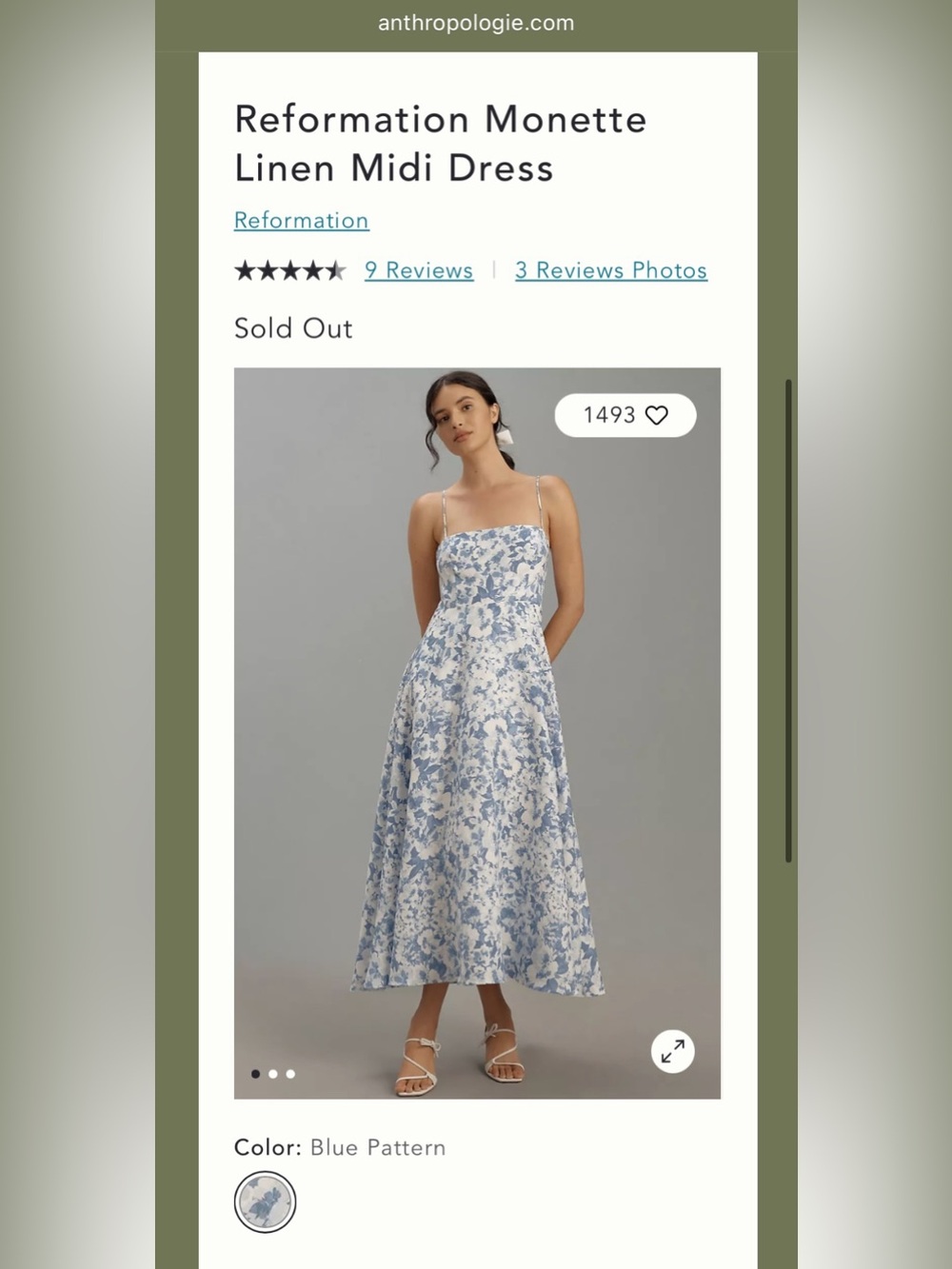 Reformation Blue and White Floral Monette Linen Dress